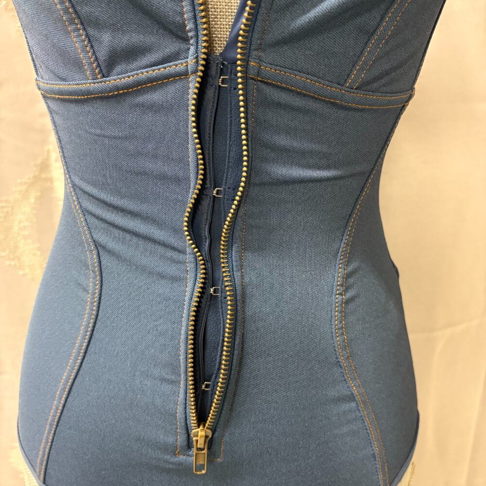 Popilush Sculpting Denim Bodysuit Zip Front Shapewear Blue Slimming Small NWT - Picture 5 of 14